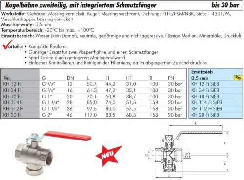 Datenblatt Kugelhahn 2-teilig Messing vernickelt IG mit integriertem Schmutzfänger bis 30 bar alle Größen
